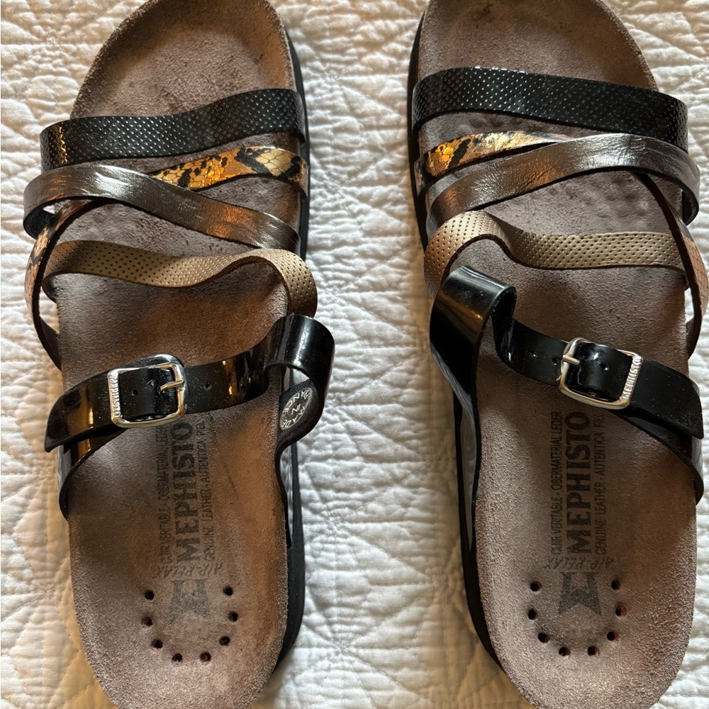 Mephisto Multi-Strap Sandals in Black, Gold, and Bronze